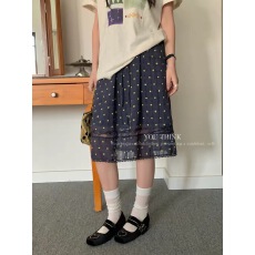 批发法式复古半身裙女夏季波点雪纺蕾丝拼接显瘦百搭中长裙