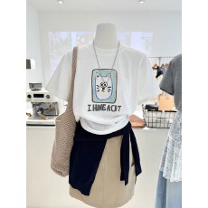 批发高级感卡通印花白色圆领短袖T恤女夏薄宽松洋气正肩<b class='q'>亚麻</b>上衣体恤
