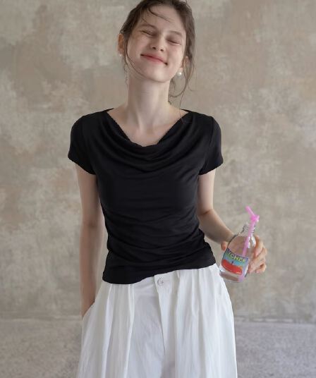 검정색 흔들다 칼라 반팔 티셔츠 여성 여름 몸매 가꾸기 허리 수축 디자인 센스 작은 대중 고유 한 아름다운 짧은 맨위