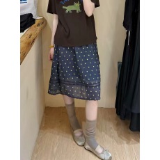 批发复古波点撞色<b class='q'>半身裙</b>女夏季新款韩系蕾丝拼接甜美中长裙
