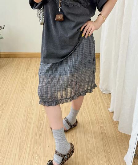 한국 스타일 출퇴근 바람 회색 체크무늬 한 마디 반신 스커트 여성 여름 하이웨이스트 주름 스트레이트 슬림해 보이는 다용도 반 스커트 중간 스커트