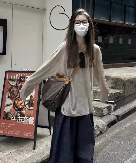 한 부서 느긋한 루즈핏 라운드 넥 긴팔 티셔츠 여성 여름 슬립 외부 가져 가라. 오래된 돈 바람 자외선 차단 블라우스 느슨함 센스 맨위