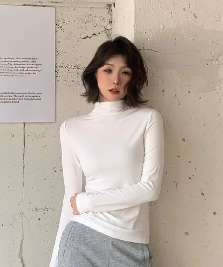 모달 중 칼라 기본 셔츠 여성 봄 가을 화이트 몸매 가꾸기 슬림해 보이는 다용도 인사이드 가져 가라. 긴팔 티셔츠 기초 섹션 맨위