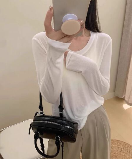 한 부서 다용도 자외선 차단 u 칼라 화이트 긴팔 티셔츠 여성 가을 긍정적 인 어깨 몸매 가꾸기 슬림해 보이는 인사이드 잡아라. 의류 기본 셔츠 여성