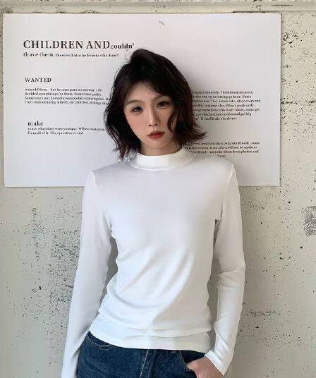 봄 가을 스탠드 칼라 기본 셔츠 여성 화이트 프로 피부 슬림해 보이는 다용도 긴팔 인사이드 가져 가라. 몸매 가꾸기 기초 섹션 티셔츠 맨위