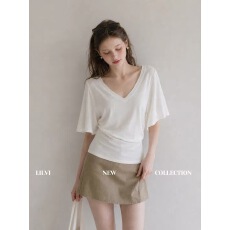 批发白色蝙蝠袖v领T恤女2026夏季短袖宽松收腰显瘦半袖小衫上衣