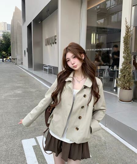 영국식 학원 카키 색 바람막이 여성 코트 가을 루즈핏 긴팔 맨위