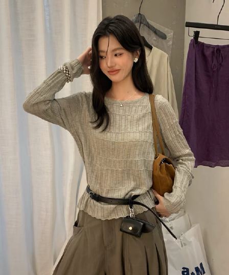 가을 켜기 새로운 한 부서 분위기 센스 몸매 가꾸기 부드러운 찹쌀 대나무 마디 만나는 긴팔 티셔츠 여성