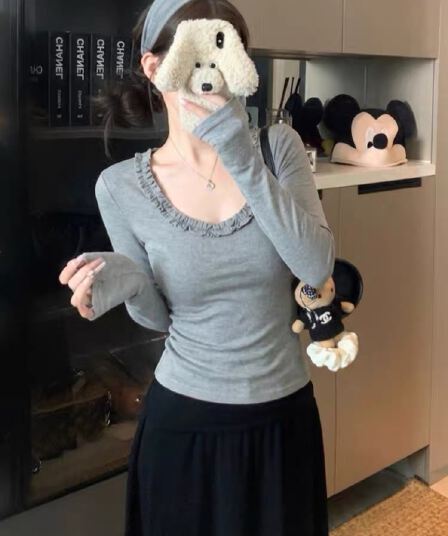한 부서 프릴 u 칼라 몸매 가꾸기 긴팔 티셔츠 여성 가을 슬림해 보이는 디자인 센스 다용도 품격 기본 셔츠 긍정적 인 어깨 의류
