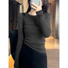 批发韩系修身圆领针织打底衫女早秋灰色弹力<b class='q'>薄款</b>长袖显瘦内搭套头上衣