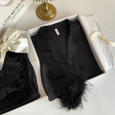 批发秋季新款轻奢高级感羽毛家居服女冰雪丝时尚翻领<b class='q'>丝绸</b><b class='q'>睡衣</b>套装