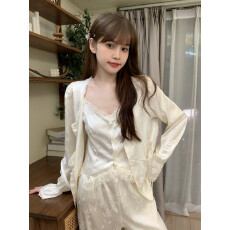 批发法式<b class='q'>睡衣</b>女秋季提花冰雪丝三件套吊带长裤蕾丝小胸纯欲家居服套装