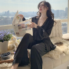 批发春<b class='q'>秋季</b>睡衣轻奢冰雪丝性感吊带长裤甜美长袖三件套家居服套装胸垫