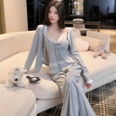 批发法式睡衣女秋季轻奢<b class='q'>莫代尔</b>三件套<b class='q'>吊带</b>长裤带胸垫蕾丝纯欲风家居服