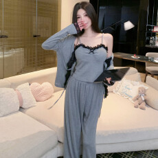 批发法式睡衣女秋季轻奢<b class='q'>莫代尔</b>三件套<b class='q'>吊带</b>长裤带胸垫蕾丝纯欲风家居服