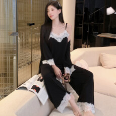 批发睡衣女秋季法式轻奢<b class='q'>莫代尔</b>三件套<b class='q'>吊带</b>长裤带胸垫蕾丝纯欲风家居服