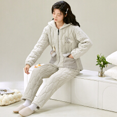 冬季貂毛花绒三层夹棉加厚保暖连帽拉链珊瑚绒夹棉袍套睡衣可外穿