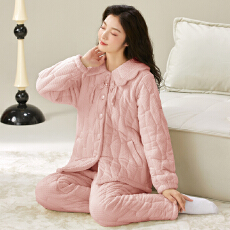 冬季貂毛花绒三层夹棉加厚保暖翻领宽松珊瑚绒夹棉袍套睡衣可外穿