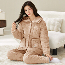 冬季貂毛花绒三层夹棉加厚保暖翻领宽松珊瑚绒夹棉袍套睡衣可外穿