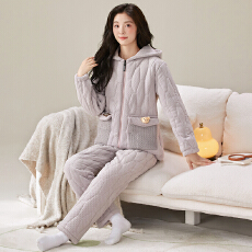 冬季貂毛花绒三层夹棉加厚保暖翻领宽松珊瑚绒夹棉袍套睡衣可外穿