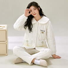 冬季貂毛花绒三层夹棉加厚保暖翻领宽松珊瑚绒夹棉袍套睡衣可外穿