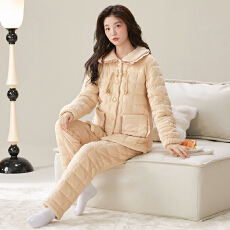 冬季貂毛花绒三层夹棉加厚保暖翻领宽松珊瑚绒夹棉袍套睡衣可外穿