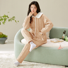 批发冬季貂毛花绒三层夹棉加厚保暖翻领宽松珊瑚绒夹棉袍套<b class='q'>睡衣</b>可外穿