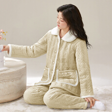 批发冬季貂毛花绒三层夹棉加厚保暖翻领宽松珊瑚绒夹棉袍套<b class='q'>睡衣</b>可外穿