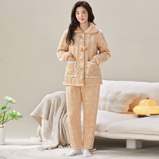 批发冬季貂毛花绒三层夹棉加厚保暖翻领宽松珊瑚绒夹棉袍套<b class='q'>睡衣</b>可外穿