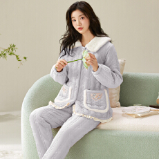 批发冬季貂毛花绒三层夹棉加厚保暖翻领宽松珊瑚绒夹棉袍套<b class='q'>睡衣</b>可外穿