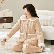 批发冬季貂毛花绒三层夹棉加厚保暖翻领宽松珊瑚绒夹棉袍套<b class='q'>睡衣</b>可外穿