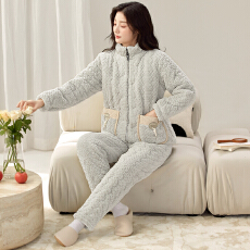 批发冬季貂毛花绒三层夹棉加厚保暖高领拉链珊瑚绒夹棉袍套<b class='q'>睡衣</b>可外穿