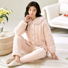 批发冬季貂毛花绒三层夹棉加厚保暖翻领甜美瑚绒夹棉休闲<b class='q'>睡衣</b>可外穿