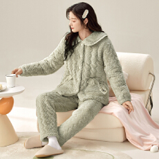 冬季貂毛花绒三层夹棉加厚加绒保暖翻领珊瑚绒夹棉休闲睡衣可外穿