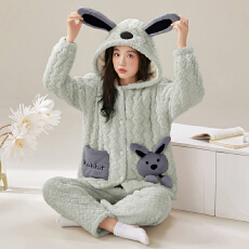 冬季貂毛花绒三层夹棉加厚加绒保暖连帽珊瑚绒夹棉休闲睡衣可外穿