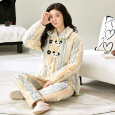 批发冬季鹅棉绒格子三层夹棉加厚绒保暖翻领宽松珊瑚绒夹棉睡衣可外穿