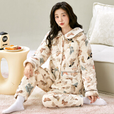 批发冬季鹅棉绒格子三层夹棉加厚绒保暖翻领宽松珊瑚绒夹棉睡衣可外穿