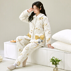 批发冬季鹅棉绒格三层夹棉加厚加绒保暖翻领宽松珊瑚绒夹棉睡衣可外穿