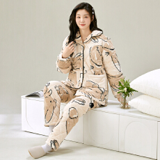 批发冬季鹅棉绒三层夹棉加厚加绒保暖连帽宽松珊瑚绒夹棉睡衣可外穿