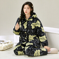 批发冬季鹅棉绒三层夹棉加厚加绒保暖连帽宽松珊瑚绒夹棉睡衣可外穿