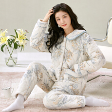 批发冬季鹅棉绒格子三层夹棉加厚绒保暖翻领宽松珊瑚绒夹棉睡衣可外穿