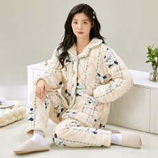 批发冬季鹅棉绒三层夹棉加厚绒保暖翻领卡通宽松珊瑚绒夹棉睡衣可外穿