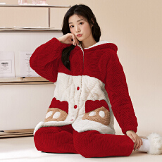 批发冬季蛋糕绒提花三层夹棉加厚绒保暖连帽宽松珊瑚绒夹棉睡衣可外穿