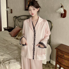 批发法式<b class='q'>睡衣</b>春季女轻奢提花冰雪丝设计感蕾丝花边翻领<b class='q'>丝绸</b>家居服套装