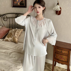 批发春季韩版<b class='q'>睡衣</b>高级感提花<b class='q'>丝绸</b>高级轻奢蕾丝设计感冰雪丝家居服套装