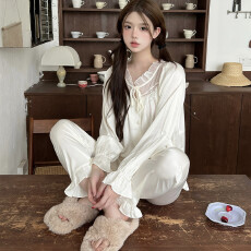 批发春季韩版<b class='q'>睡衣</b>高级感提花<b class='q'>丝绸</b>高级轻奢蕾丝设计感冰雪丝家居服套装