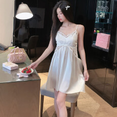 夏季吊带睡裙冰丝缎面高级感两件套冰雪丝吊带睡袍睡衣裙子带胸垫