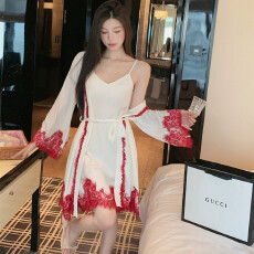 批发夏季吊带睡裙冰丝缎面高级感<b class='q'>两件</b>套冰雪丝吊带睡袍睡衣裙子带胸垫