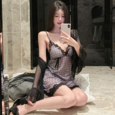 批发<b class='q'>夏</b>季新款女睡衣性感法式蕾丝网纱带胸垫冰丝吊带睡裙袍纯欲风裙子