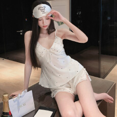 夏季家居服法式性感冰雪丝吊带短裤私房情调纯欲小心机睡衣带胸垫